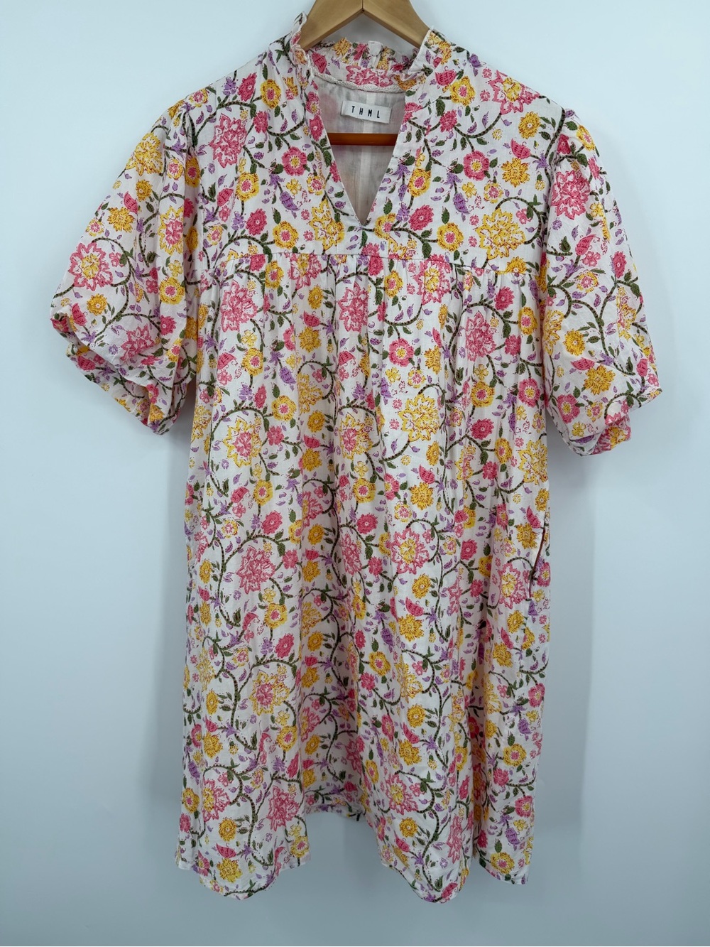 THML Floral Mini Dress Size L | Pink Yellow Purple | Puff Sleeve Cottagecore